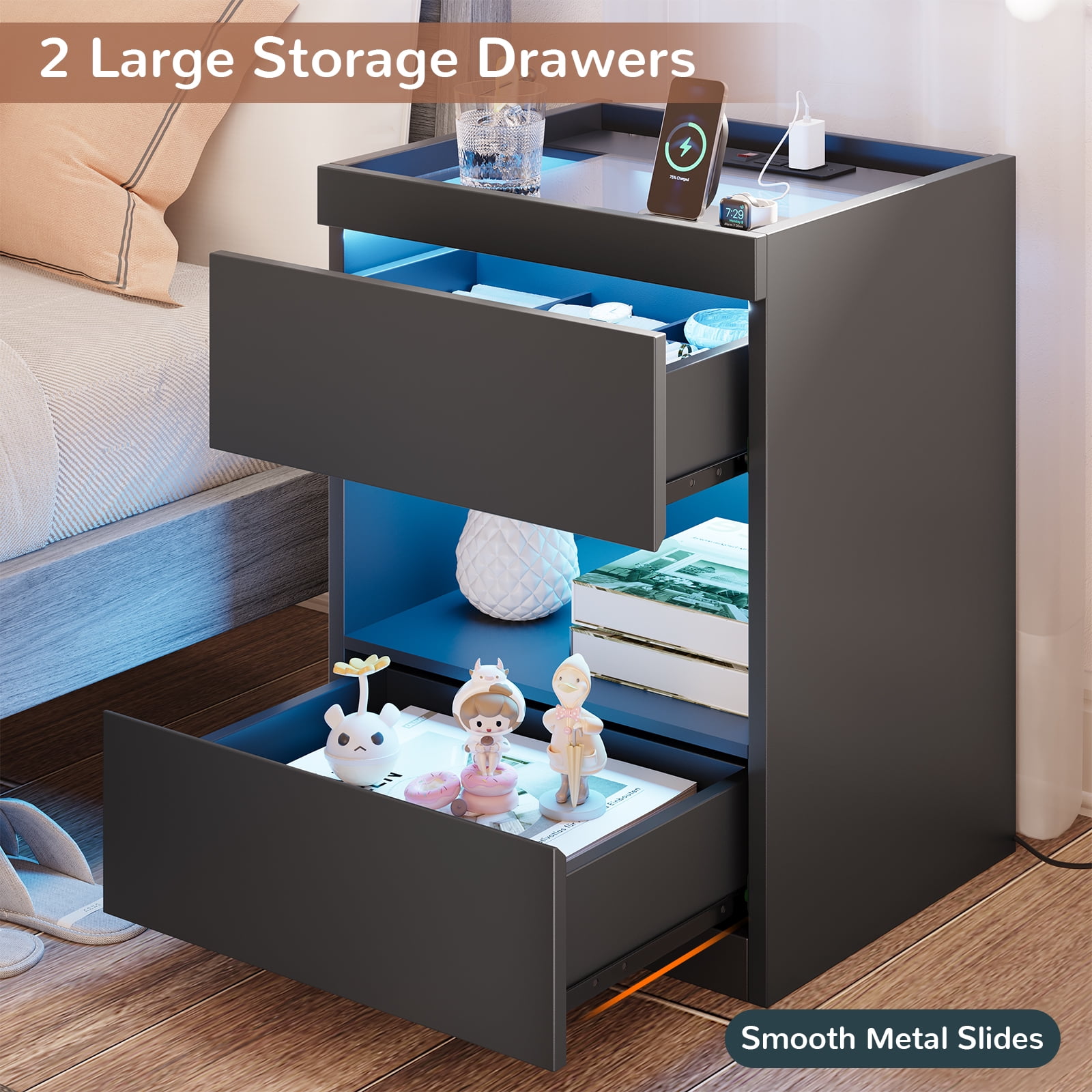 Black Nightstand with LED Lights&Charging Station,Modern Bedside Table