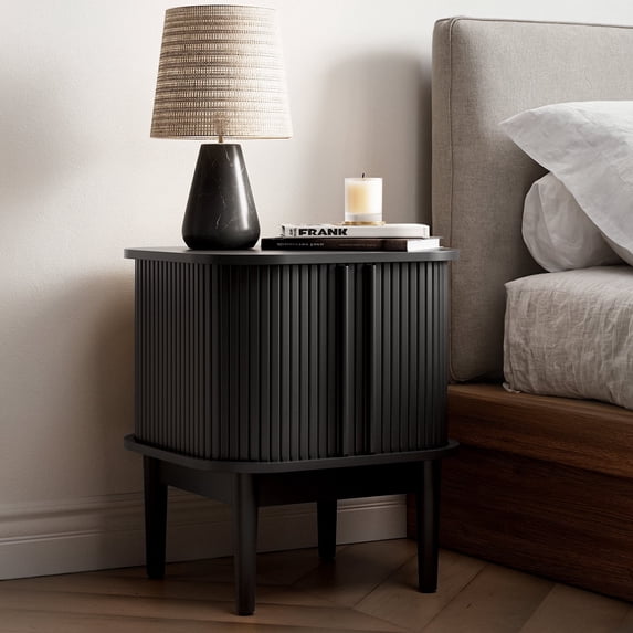 Black Nightstand with Sliding Doors, Modern Bedside Table with Solid ...