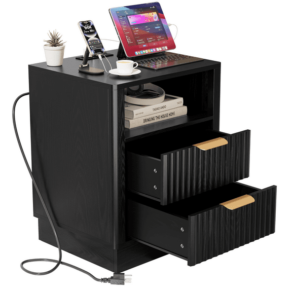 Black Nightstand with USB Charging Station & LED Lights, Fluted Bedside Table with 2 Drawers and Open Shelf, Modern Bedroom End Table