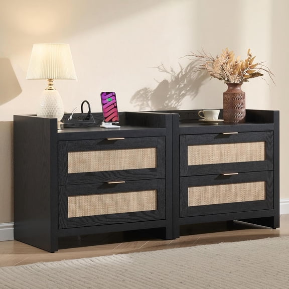 Black Nightstands Set of 2 Bed Side Table - Boho Night Stand End Table with Type-C Charging Station, 2 Rattan Decor Drawers Storage Cabinet Night Stands for Bedroom, Black Oak