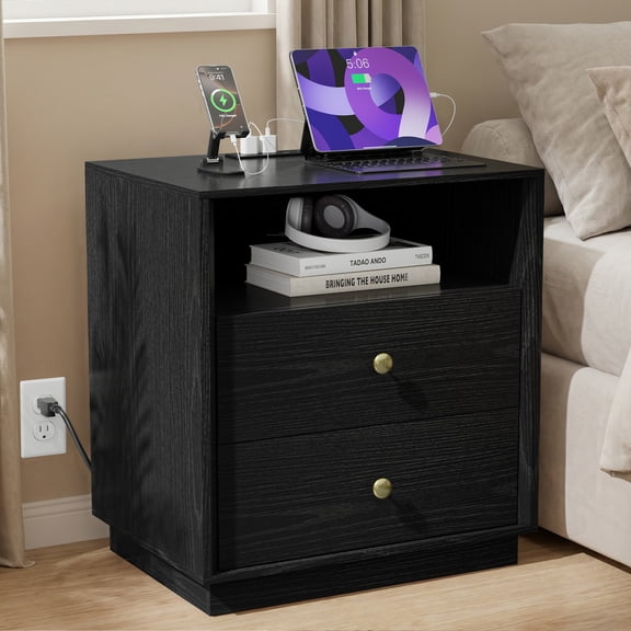 Black Nightstands with Charging Station, 2 Drawers & Open Shelf, Wide Bedside Tables for Bedroom, End Side Table