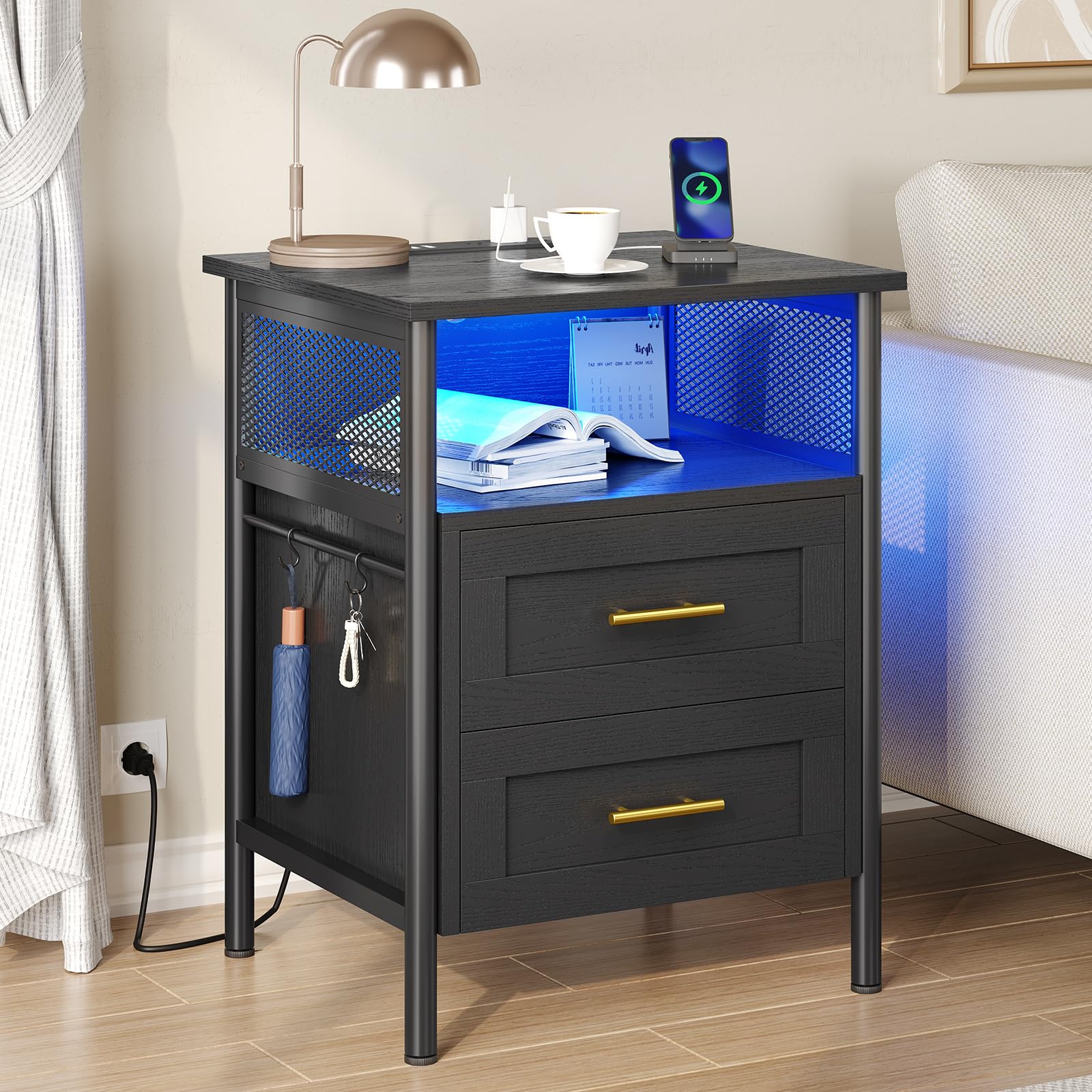 Black Nightstands with Charging Station&LED Lights&2 Drawers,Night