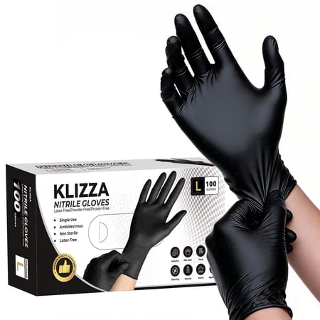 KLIZZA Disposable Nitrile Gloves 100PCS 5 Mil Heavy Duty Black Disposable Latex and Powder Free Medical and Household Gloves, L Size