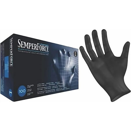 Black Nitrile Exam Gloves, Powder Free, Latex Free, Semperforce, 100/Box Medium