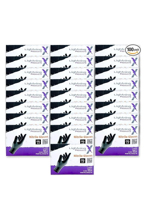 Black Nitrile Glove Pairs, Individually Packed, 100 Gloves, 50 Pairs, 25 Carded Packs of 2 Pairs - Large