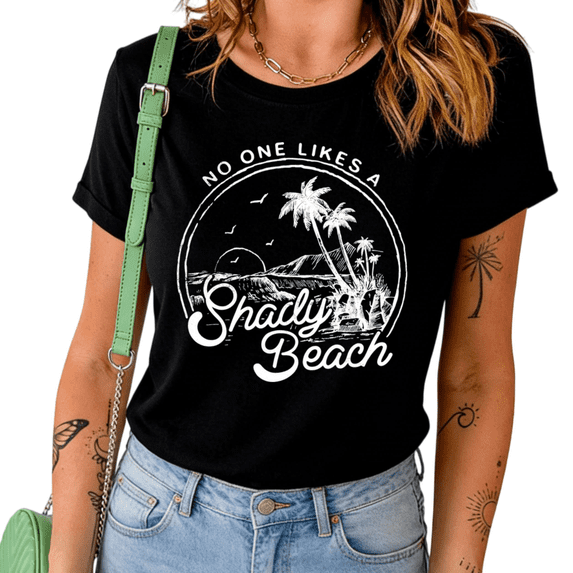 Black "No One Likes A Shady Beach" Funny Tropical Palm Tree Graphic Print Tshirt Graphic Tees Shirts Beach Vacation Casual Tops S-5XL