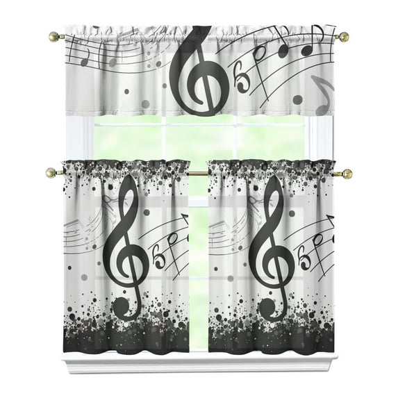 Black Note Kitchen Curtain Valance 3 Piece Set Short Curtain Sink Window Decor 36 Inch Small Window Treatment Tier 27.5x36 Length