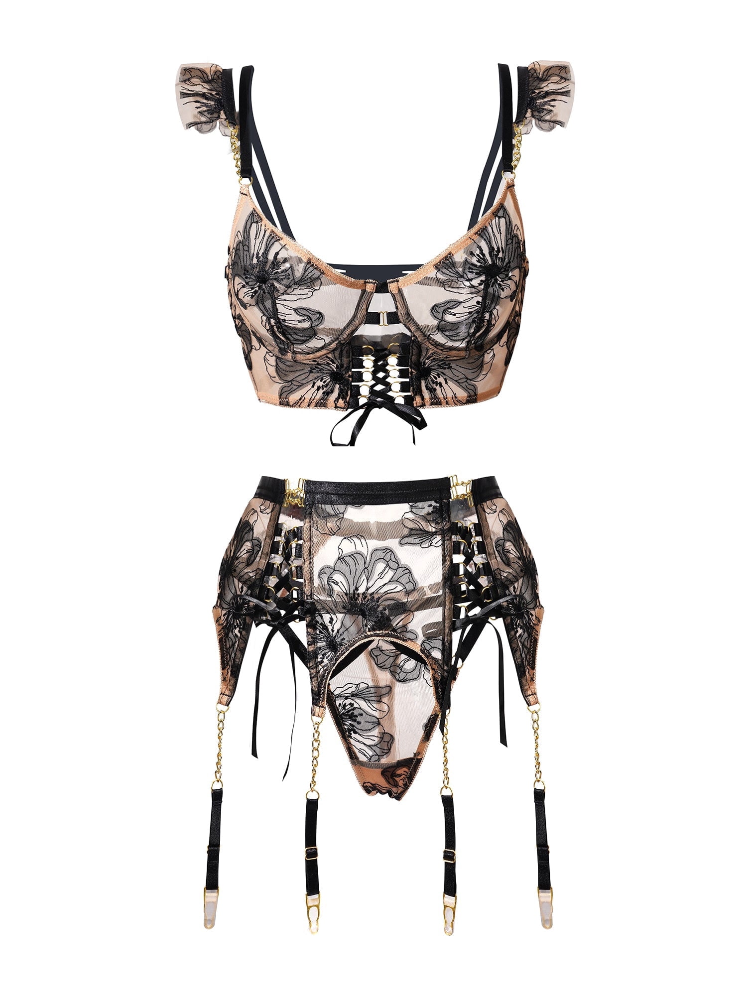Black&Nude Ribbon Sculpting Body Lingerie Set (S)
