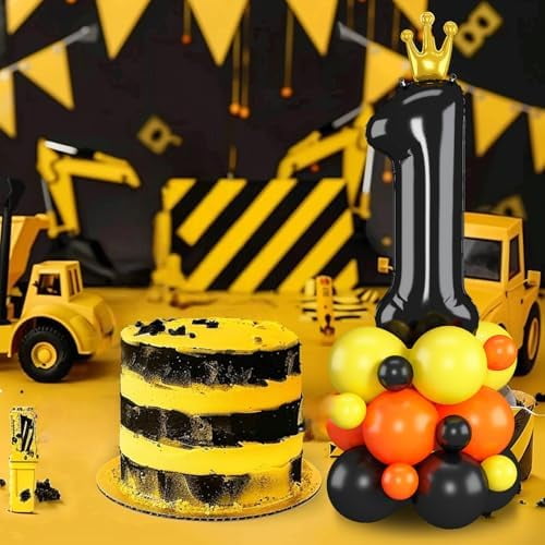 Black Number 1 Balloon 40 Inch Construction Number One Foil Balloons Tower Set with Excavator Digger Truck for First 1st Birthday Party Decorations Giant Large Digital Aluminum Balloons Stack