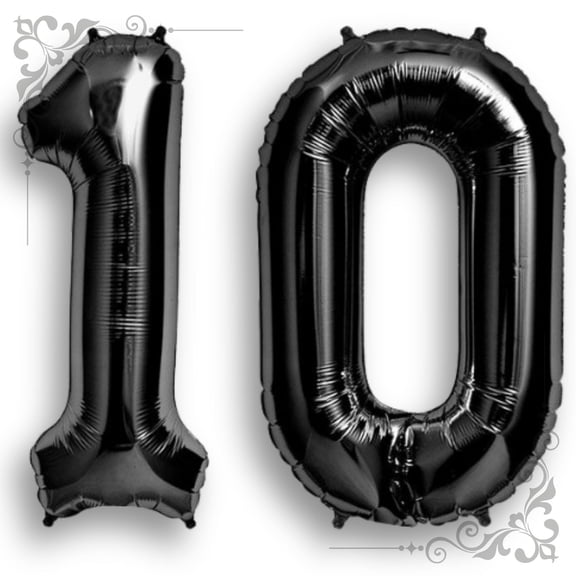 Black Number 10 Mylar Foil Balloon 40 inch - Helium or Air Filled Metallic Balloons for 10th Birthday Hbd Party, Anniversary, Graduation Decoration