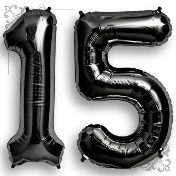 Black Number 15 Mylar Foil Balloon 40 inch - Helium or Air Filled Metallic Balloons for Girl 15th Quinceanera Birthday Party, Anniversary, Graduation