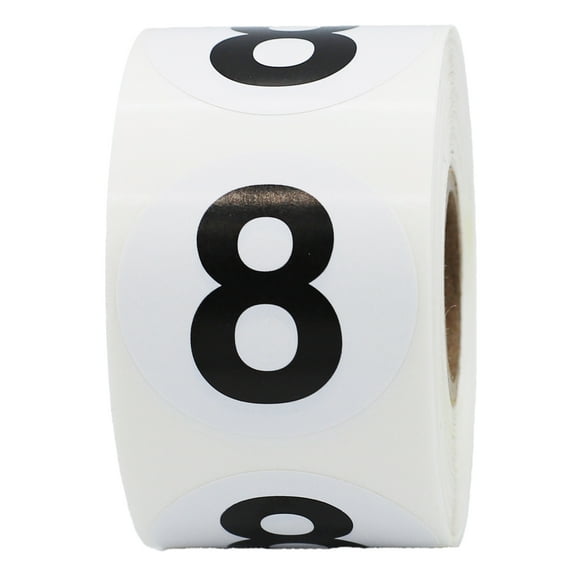 Black Number 8 Circle Stickers | 1.5" Inches Round | 500 Pack