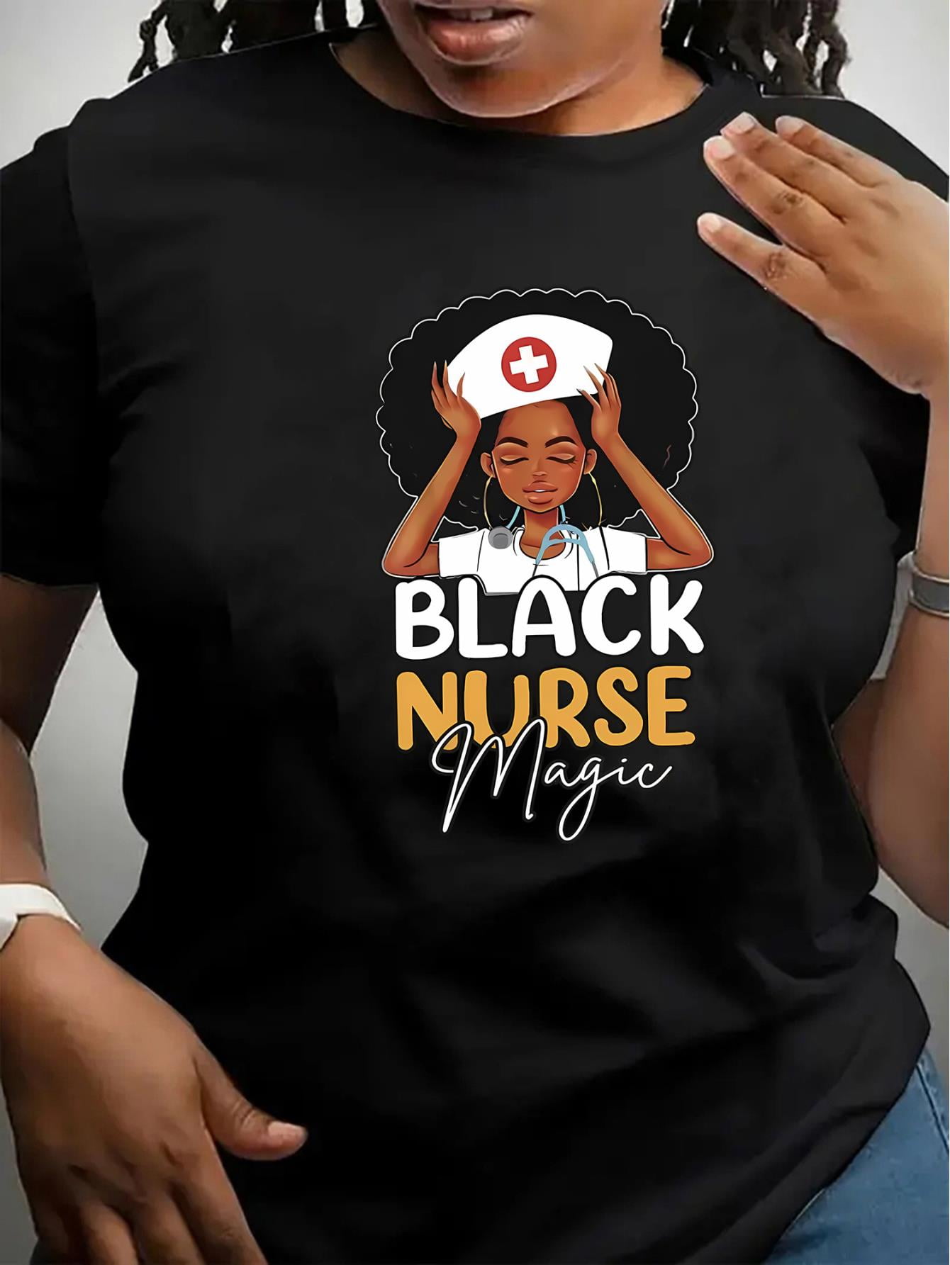 Black Nurse Magic Graphic Print T-Shirt Women's Casual Polyester ...