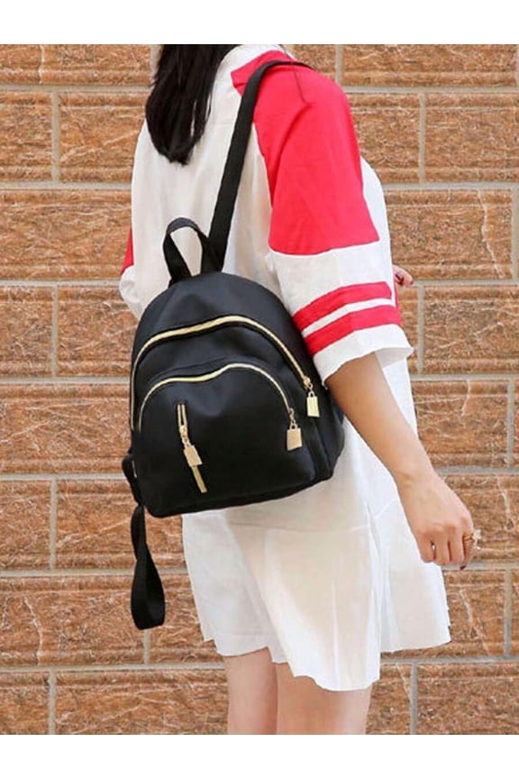 Black Nylon Campus Style Casual Backpack With Gold-Tone Zippers