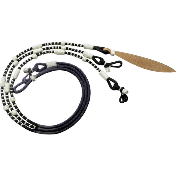 Black Nylon Rope Romel Reins with White Knots & Rawhide Leather Handcrafted Horse Tack, 8.5 Ft Rein & 52" Romel