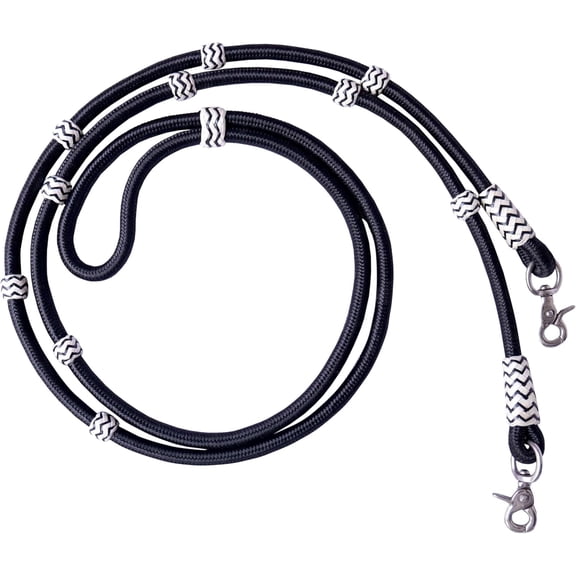 Black Nylon Roping Reins with White Knots – 8.5 Ft Hand-Braided Rawhide Leather Horse Tack
