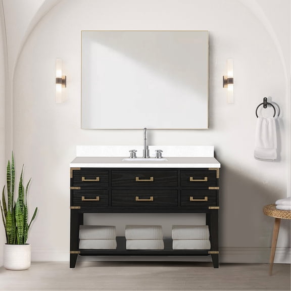 Black Oak 48 In. X 22 Bath Counter - White Quartz Top, Solid Wood, Soft Close, 5 Drawers & Open Cabinet Shelf Single Vanity 48x22 For Storage Needs