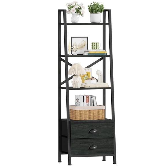 Black Oak 5-Tier Leaning Ladder Shelf With 2 Drawers Narrow Bookcase Storage Unit For Bedroom Living Room Office