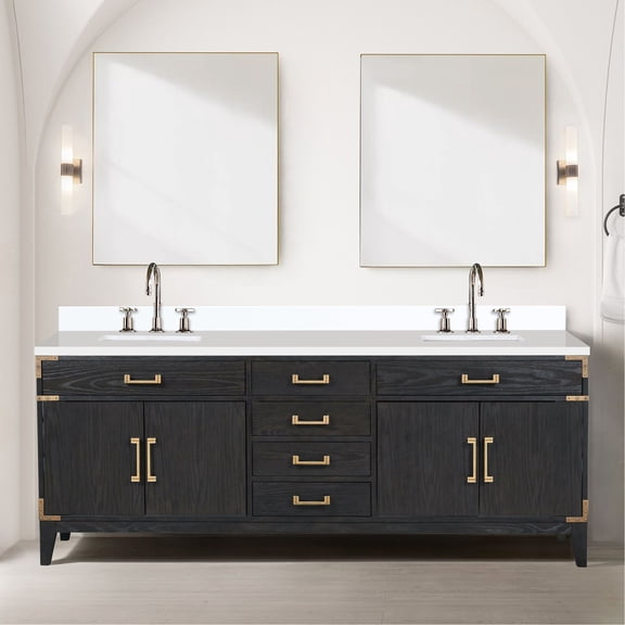 Black Oak 84 In. Double Bath Vanity With White Quartz Countertop - Solid Wood Frame, Soft Close, 2 Inner Cabinets, 4 Drawers & Open Shelf For Storage Requirement Facility