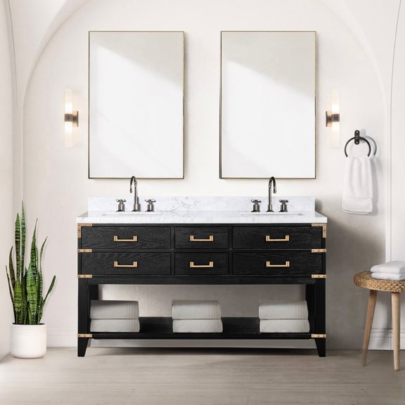 Black Oak Bathroom Vanity Double 60 In. W X 22 D, Marble Top, Faucet - Enchanting Feature Classy Element