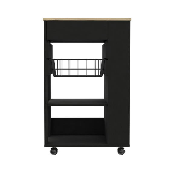Black/ Oak Kitchen Cart With 2 Open Shelf Aggregations, One Rack, Drawer And Four Caster Wheels : Mixtures, Drawer, 4