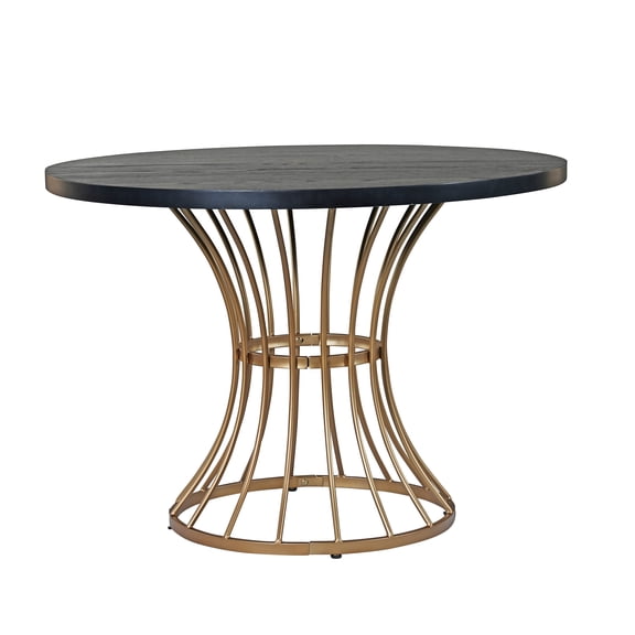 Black Oak Veneer 42" Round Dining Table  Solid Wood-Look Top, Heavy-Duty Wrought-Iron Pedestal Base, Compact Kitchen & Breakfast-Nook Furniture, Rustic-Modern Style