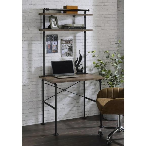 Black & Oak Writing Workstation With Frame And Elegant Style Industrial Water Pipe Desk Spacious Storage Finish