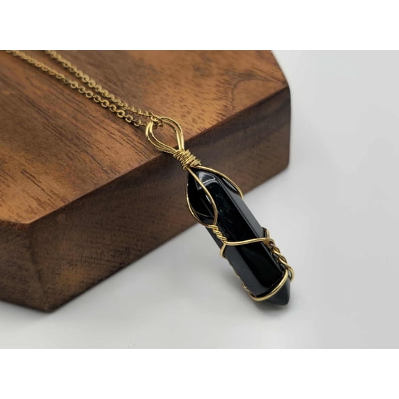 Black Obsidean Point Necklace Wire wrapped Genuine Gold Tone