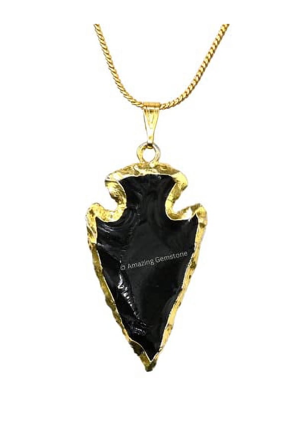 Black Obsidian Arrowhead Necklace for Men Women (Gold Edged)