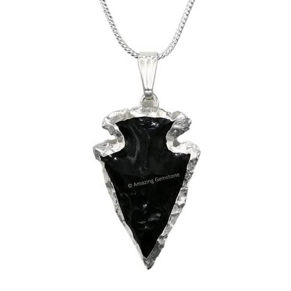 Black Obsidian Arrowhead Necklace for Men Women (Silver Edged)