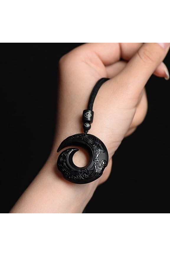 Black Obsidian Circle Lucky Peace Auspiciou Amulet Necklace,Hand Carved Luckcy Bird Jade Talisman Necklace