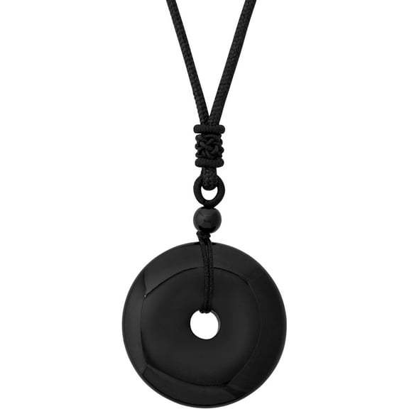 Black Obsidian Geometric O Ring Circle Pendant Necklace with Braided Cord, Protective Amulet Jewelry Gift for Men and Women