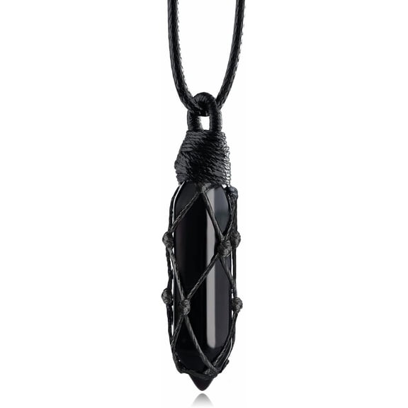 Black Obsidian Healing Crystal Points Necklace Adjustable Rope Hexagonal Wrapped Braided Stone Pendant Necklace Handmade Gemstone Jewelry for Men Women
