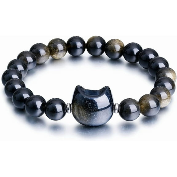 Black Obsidian Money Attraction Bracelet, 8mm Healing Relax Anxiety Luck Crystal Bead Bracelets, Adjustable Jewelry Feng Shui Stretch Bracelet Cat Lover Gifts for Women Men