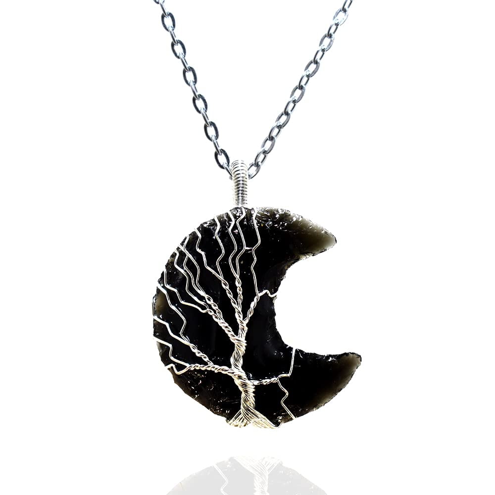 Black Obsidian Moon Necklace Wire Wrapped Healing Jewelry Gift