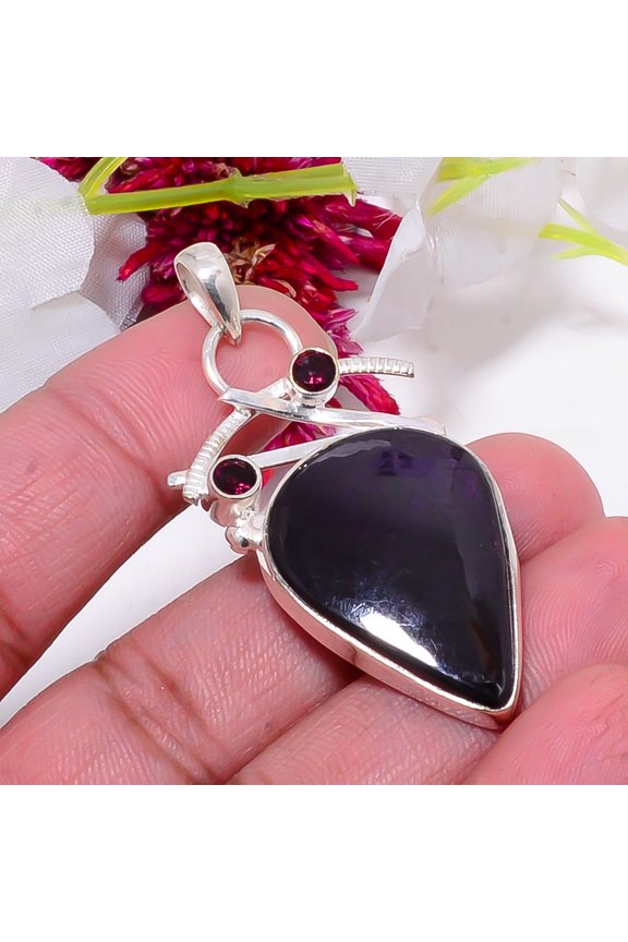 Black Obsidian, Purple Amethyst 925 Sterling Silver Pendant 2.15", Black Obsidian Pendant, Gemstone Pendant