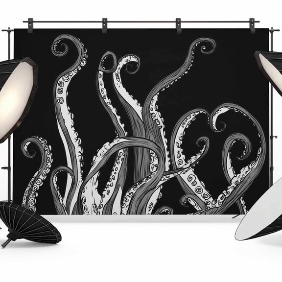 Black Octopus Coastal Backdrop for Photography,Fabric Photo Background Backdrop,Nautical Ocean Modern Abstract Art Photo Booth Background for Portrait Photoshoot Video Wedding Studio Banner 10x8ft