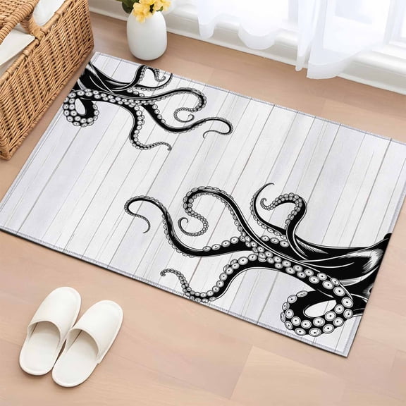 Black Octopus Tentacles 2'x3' Rug for Entryway Front Door Kitchen Sink Area, Vintage Nautical Giant Squid Wood Grain Low Pile Washable Non Slip Rectangle Area Rug