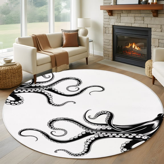 Black Octopus Tentacles 7' Round Rug for Living Room Conversation Area, Vintage Nautical Giant Squid Washable Non Slip Large Circle Area Rug