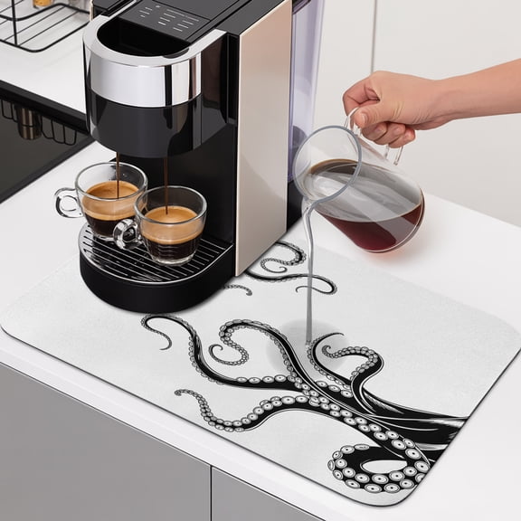 Black Octopus Tentacles Dish Drying Mats for Kitchen Counter, Vintage Nautical Giant Squid Absorbent Coffee Bar Mat with Non-slip Rubber Backed Quick Drying Dish Rack Pad 12"x16"