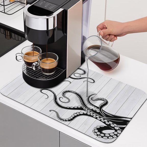Black Octopus Tentacles Dish Drying Mats for Kitchen Counter, Vintage Nautical Giant Squid Wood Grain Absorbent Coffee Bar Mat with Non-slip Rubber Backed Quick Drying Dish Rack Pad 12"x16"