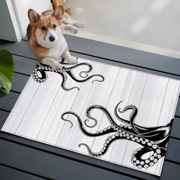 Black Octopus Tentacles Small Area Rugs 2x3 Vintage Nautical Giant Squid Wood Grain Entryway Rugs Washable Door Mat, Low-Profile Area Rugs Non Slip Floor Carpet for Living Room Bedroom Home Office