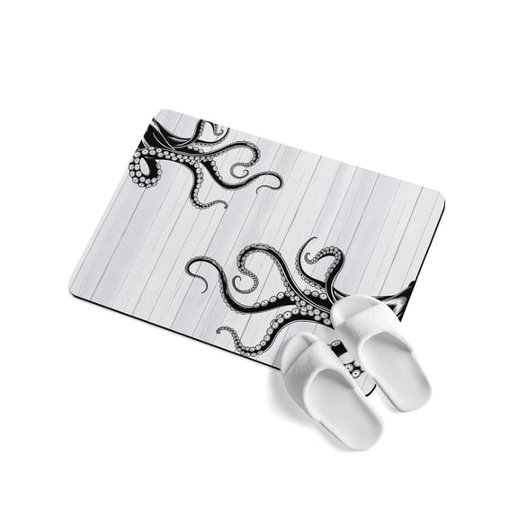 Black Octopus Tentacles Soft Diatomaceous Earth Mat, Vintage Nautical Giant Squid Wood Grain Absorbent Bath Mat Non Slip Rubber Backed Quick Dry Doormat Fit Under Door for Bathroom Kitchen 16"x24"