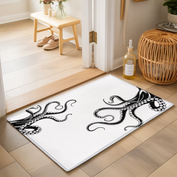 Black Octopus Tentacles Washable Small Entryway Area Rugs 2'x3', Vintage Nautical Giant Squid Washable Throw Rug Non-Slip Sturdy Edge Binding Carpet for Front Door Floor Room Entry