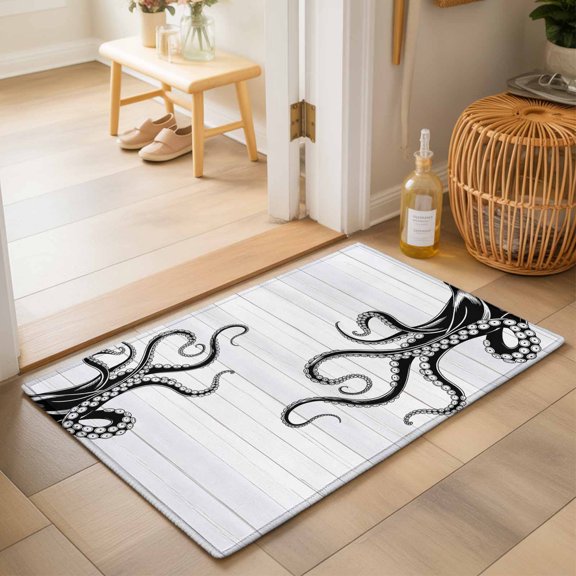 Black Octopus Tentacles Washable Small Entryway Area Rugs 2'x3', Vintage Nautical Giant Squid Wood Grain Washable Throw Rug Non-Slip Sturdy Edge Binding Carpet for Front Door Floor Room Entry