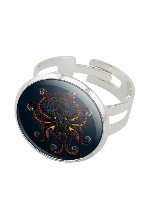 Black Octopus in the Abyss Silver Plated Adjustable Novelty Ring