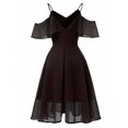 thumbnail image 1 of Black Off-Shoulder Chiffon Midi Dress With Ruffle V-Neck And Spaghetti Straps, 1 of 8