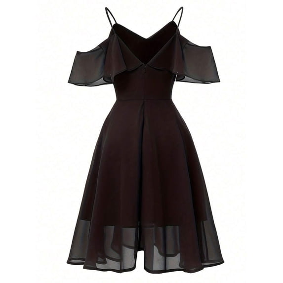 Black Off-Shoulder Chiffon Midi Dress With Ruffle V-Neck And Spaghetti Straps