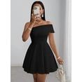 thumbnail image 1 of Black Off-Shoulder Fit & Flare Mini Dress For Party Wedding Dinner, 1 of 8