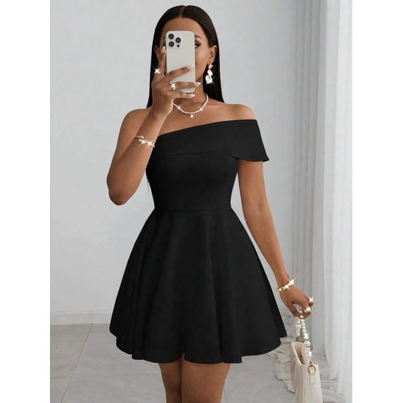 Black Off-Shoulder Fit & Flare Mini Dress For Party Wedding Dinner